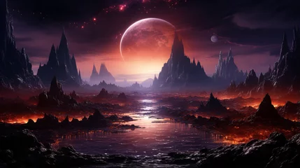 Photo sur Plexiglas Paysage fantastique Futuristic fantasy landscape, sci-fi landscape with planet, neon light, cold planet. generative ai