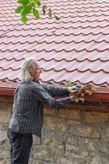 A mature man removes leaves and debris from the gutter of his house. Cleaning a rain drain