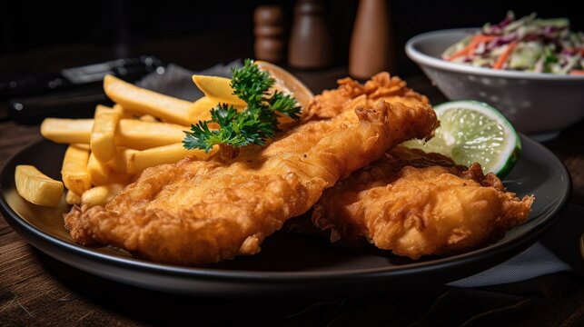 Paniertes Fischfilet mit Pommes und Salat im Restaurant.