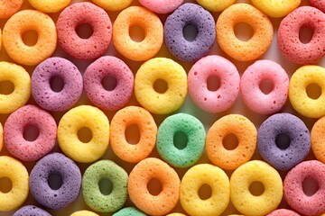 Colorful cereal corn rings. Top view, flatlay. Background, wallpaper. Ai Generative