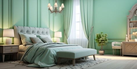 French country style style interior design of modern bedroom with mint color wall. generative ai