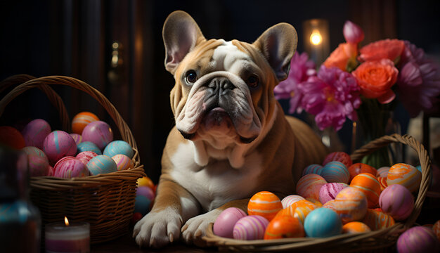 Bulldog lies among Easter eggs