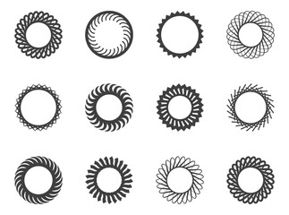 Spiral and swirl motion twisting circles design element set.