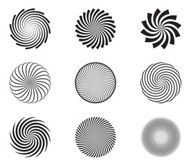 Spiral and swirl motion twisting circles design element set. Vector illustration.