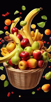 A image of fresh fruits in basket isolated on white background, mix fresh fruits like apple, banana, grapes and pear in basket generative AI