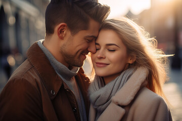Naklejka premium Picture made with generative AI of handsome man and charming girl in love walking together on an evening date