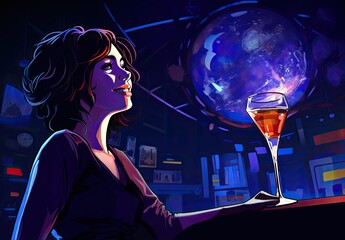 Digital painting in bright pop art style featuring a portrait of a cute girl with a glass of cocktail. Illustration for cover, card, interior design, banner, poster, brochure, advertising, marketing.