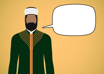 Muslim religious leader with empty speech bubble, vector illustration.