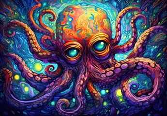 Close-up of a colorful octopus with many tentacles. Surreal monster with dripping drops of paint. Illustration can be printed on t-shirt, bag, postcard, case, pillow and other products. - obrazy, fototapety, plakaty