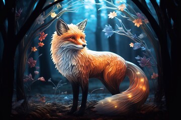 A photo of orange color fox in the forest at night. 3D illustration. Fairy tale. Generative AI