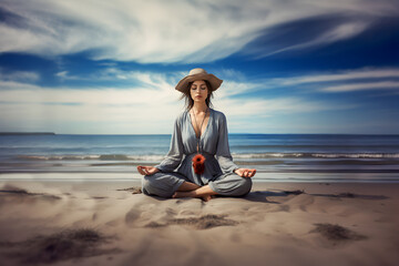 Fototapeta na wymiar Girl in a hat on the beach doing yoga.