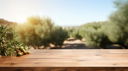 Empty old wooden board table copy space with olive trees in background, use for product display.
