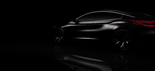 Black sports car. Generic brandless black car with reflection, side view. copy space. 