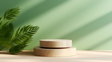 3D wooden podium display with leaf shadow 