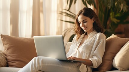 Happy young woman shopping online at laptop on sofa at home