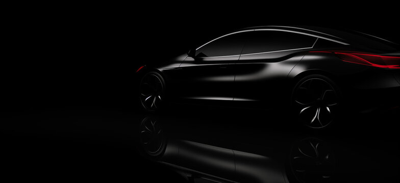 Black sports car. Generic brandless black car with reflection, side view. copy space. 