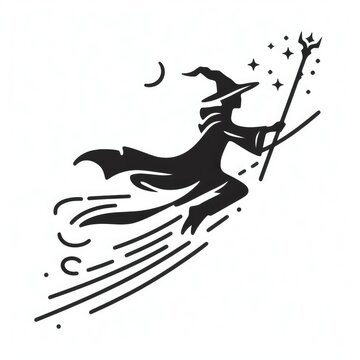 Silhouette of a witch wizard flying on a broomstick.