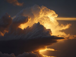 Una majestuosa nube blanca iluminada por una puesta de sol dorada, sus bordes esponjosos iluminados por la luz cálida - obrazy, fototapety, plakaty