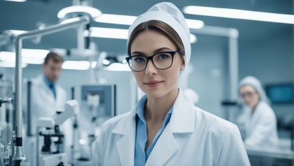 eautiful young woman scientist wearing white coat and glasses in modern Medical Science Laboratory