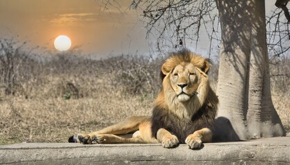 León descansando bajo la sombra de un baobab en la sabana africana