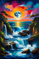 Unique Digital Painting Moonlit Sea Views, Waterfalls, and Abstract Colors