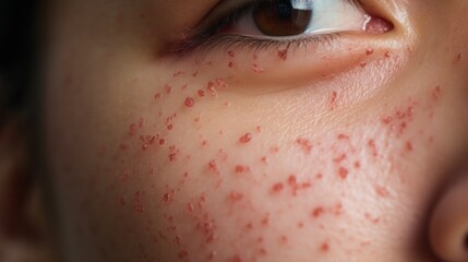 acne on woman face with rash skin, scar, and red skin syndrome allergic to cosmetics, use steroids, dermatology, inflammation, infection, hygiene. - obrazy, fototapety, plakaty