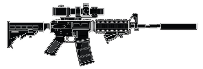Vector drawing of an popular M4 assault rifle with adjustable stock, optical sight, silencer and the triangle front grip on a white background. Black. Right side. - obrazy, fototapety, plakaty