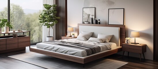 King size bed in bedroom with wood headboard mirrored translucent curtains study table and matching side tables