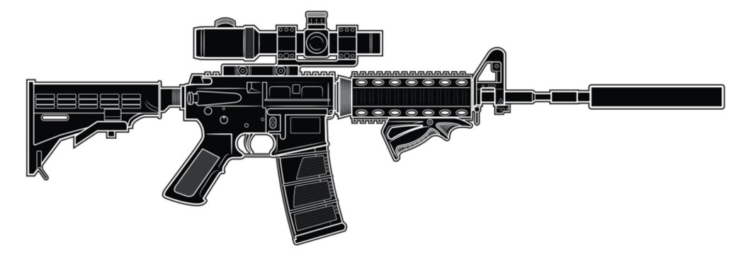 Vector drawing of an popular M4 assault rifle with adjustable stock, optical sight, silencer and the triangle front grip on a white background. Black. Right side.