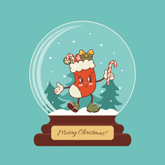 Glass ball with snow. Merry Christmas stocking, cute character dancing . Lollipops, gifts, candy cane. Fashionable old retro cartoon style. Vintage holiday illustration, sticker, poster.
