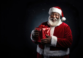 Afro Christmas image of a happy smiling black african Santa Claus holding a gift in hands, red coat and hat, white beard, dark night sky with snowfall, stars and copy space