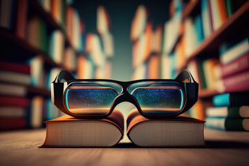 Glasses on a book, blurred library background. Educational educational literature. Generated by AI.