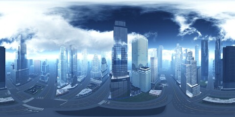 Modern city, skyscraper panorama, 360 panorama. Environment map. HDRI map. equidistant projection. Spherical panorama.
3D rendering