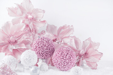 Merry Christmas. Christmas banner in pink color on a white Christmas background. Christmas background, pink xmas holiday card. Christmas card pink balls