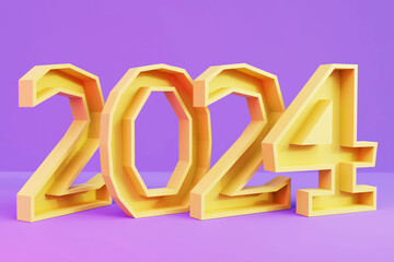 Yellow 3D Number 2024 on a violet background, symbol new year, 3d rendering