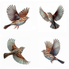 A set of male and female Song Sparrows flying isolated on a white background