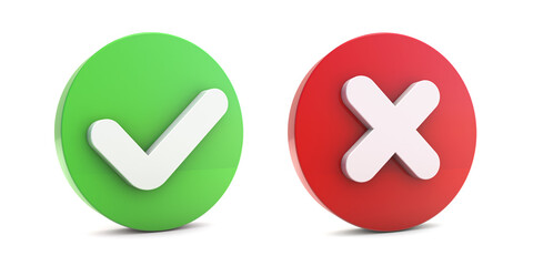 Right and wrong 3d isolated on transparent background. Yes and no 3d icon. Round icons buttons with check and cross mark.