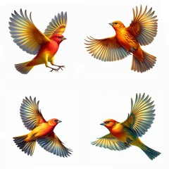 A set of male and female Summer Tanagers flying isolated on a white background