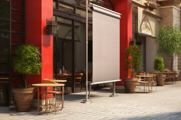 Fototapeta na wymiar A blank rollup banner positioned next to a restaurant. Rendered in 3D. Generative AI