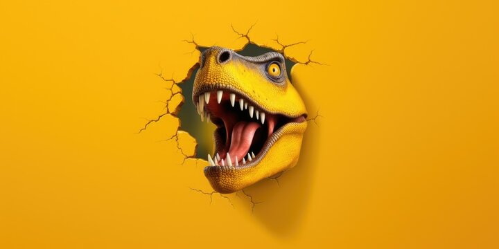 Cute T-Rex peeking out of a hole in wall, torn hole, empty copy space frame, mockup. Generative AI image weber.