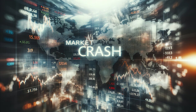 World Map Crisis or Stock Crash on Market, Recession Chart, Economic fall Down with flow charts and diagram. Global Money Bankruptcy Numbers in Bear Market Recession, Inflation and Losses concept