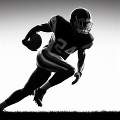 Silhouette of an american football player running with ball on white background.