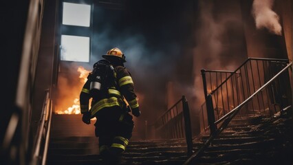 Firefighter going up the stairs in burning building - obrazy, fototapety, plakaty
