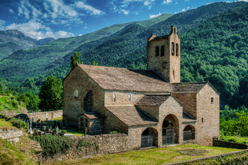 The bell tower of the church of San Miguel is located in the Alto Aragonese town of Linás de...