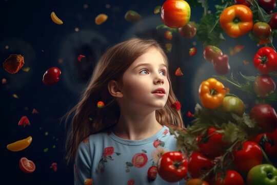 Girl with flying vegetables on background, healthy food concept, AI generated
