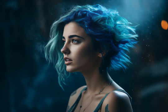 Blue hair young woman, AI generated