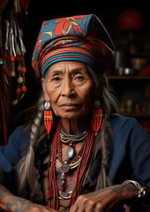 tattooed latin senior woman with a long hair with the tipical clothe. IA