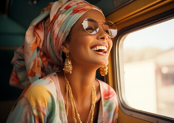 Pretty young black woman leaning out of a window of a turquoise blue camper van. IA
