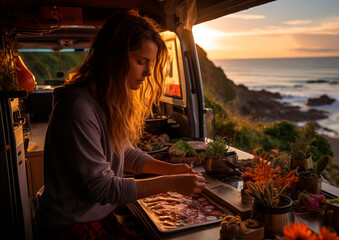 girl cooking in a camper van at golden hour in front of the beach- IA