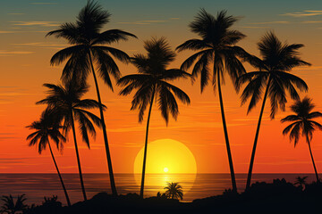 Obraz premium Colorful sunset over a palm trees silhouette in a beautiful natural tropical environment